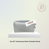 Silver cosmetic pouch with a free label on a light background, celebrating 25th anniversary.