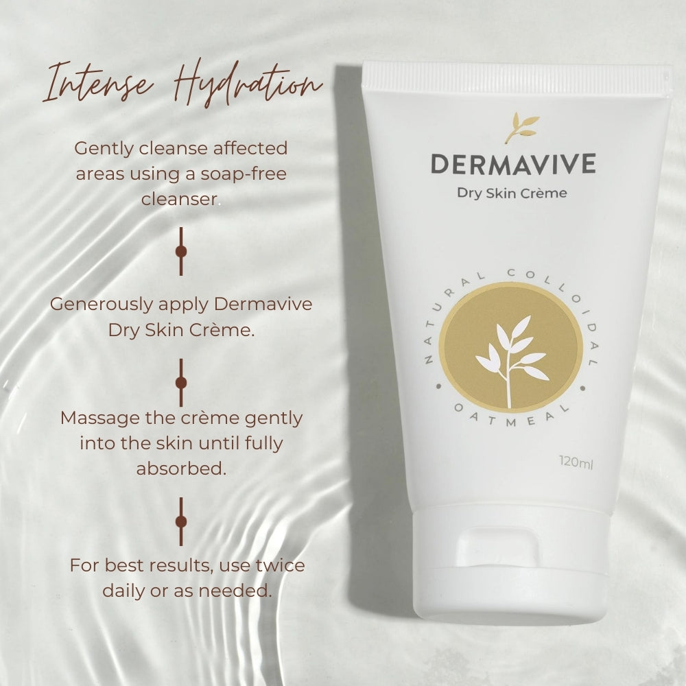 Usage instructions for Dermavive Dry Skin Crème, emphasising generous application to affected areas for optimal results.