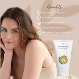 Model smiling with Dermavive Dry Skin Creme bottle 100g featuring benefits, helps retain moisture, soothes and calm skin, safe for sensitive skin, offers deep hydration, non-greasy fast-observing.