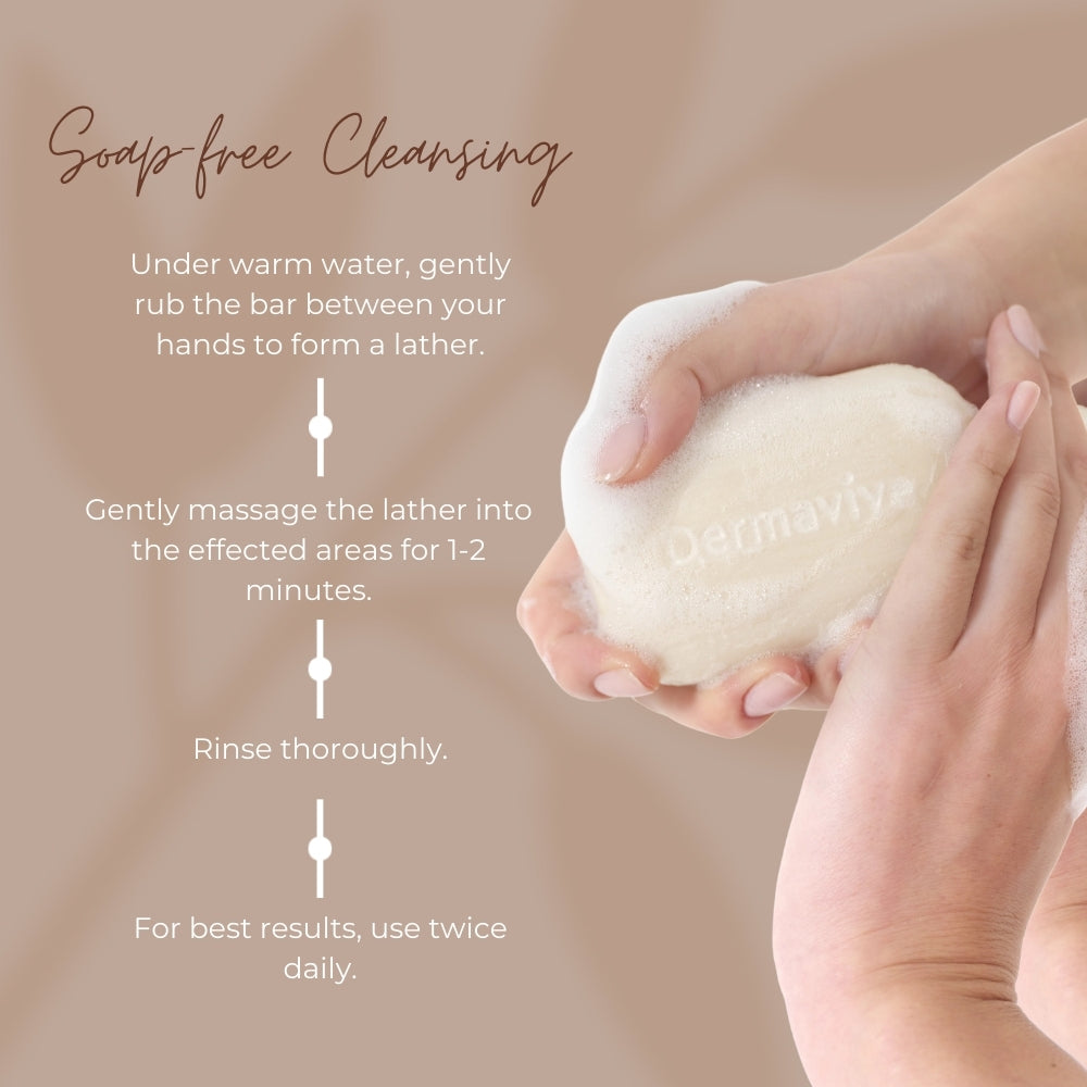 Steps to use Dermavive Oily Skin Cleansing Bar: lather, massage onto skin, rinse, and repeat twice daily for best results.