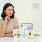 Woman with Dermavive anniversary bundle and a silver bag on a light background, celebrating 25 years.