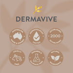 Credentials of Dermavive, showcasing Australian-made, cruelty-free, and dermatologist-tested attributes.