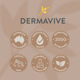 Dermavive logo with icons indicating Australian-made, dermatologist-tested, cruelty-free, paraben-free, and natural ingredients.