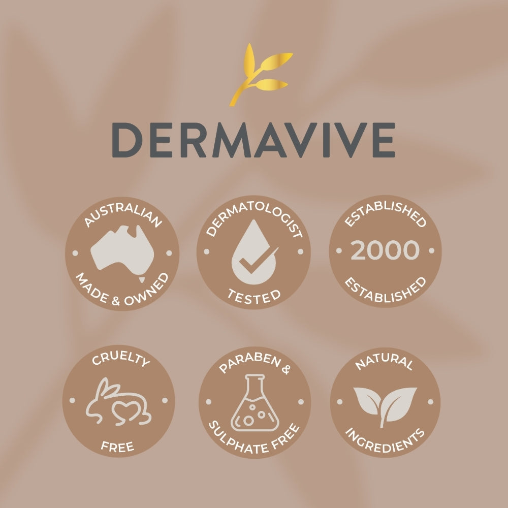 Dermavive branding with icons representing "Australian Made & Owned," "Dermatologist Tested," "Established 2000," "Cruelty-Free," "Paraben & Sulphate-Free," and "Natural Ingredients.