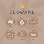 Dermavive branding with icons representing "Australian Made & Owned," "Dermatologist Tested," "Established 2000," "Cruelty-Free," "Paraben & Sulphate-Free," and "Natural Ingredients.