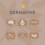 Dermavive branding with icons representing "Australian Made & Owned," "Dermatologist Tested," "Established 2000," "Cruelty-Free," "Paraben & Sulphate-Free," and "Natural Ingredients.