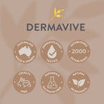 Dermavive credentials emphasising dermatologist-tested, Australian-made, cruelty-free, and paraben-free features.
