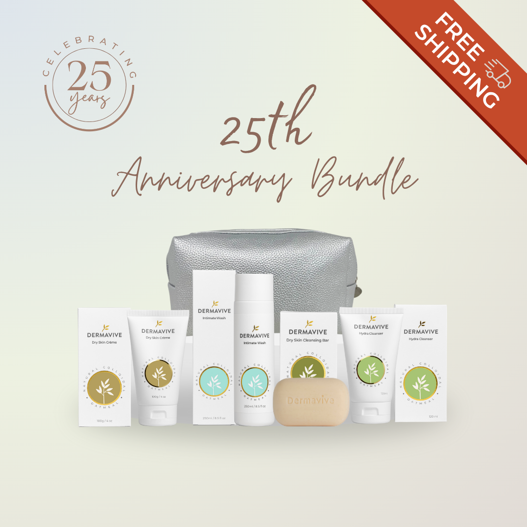 Dermavive skincare products with a silver pouch on a light background, celebrating 25th anniversary with FREE SHIPPING banner on the corner
