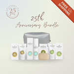 Dermavive skincare products with a silver pouch on a light background, celebrating 25th anniversary with FREE SHIPPING banner on the corner