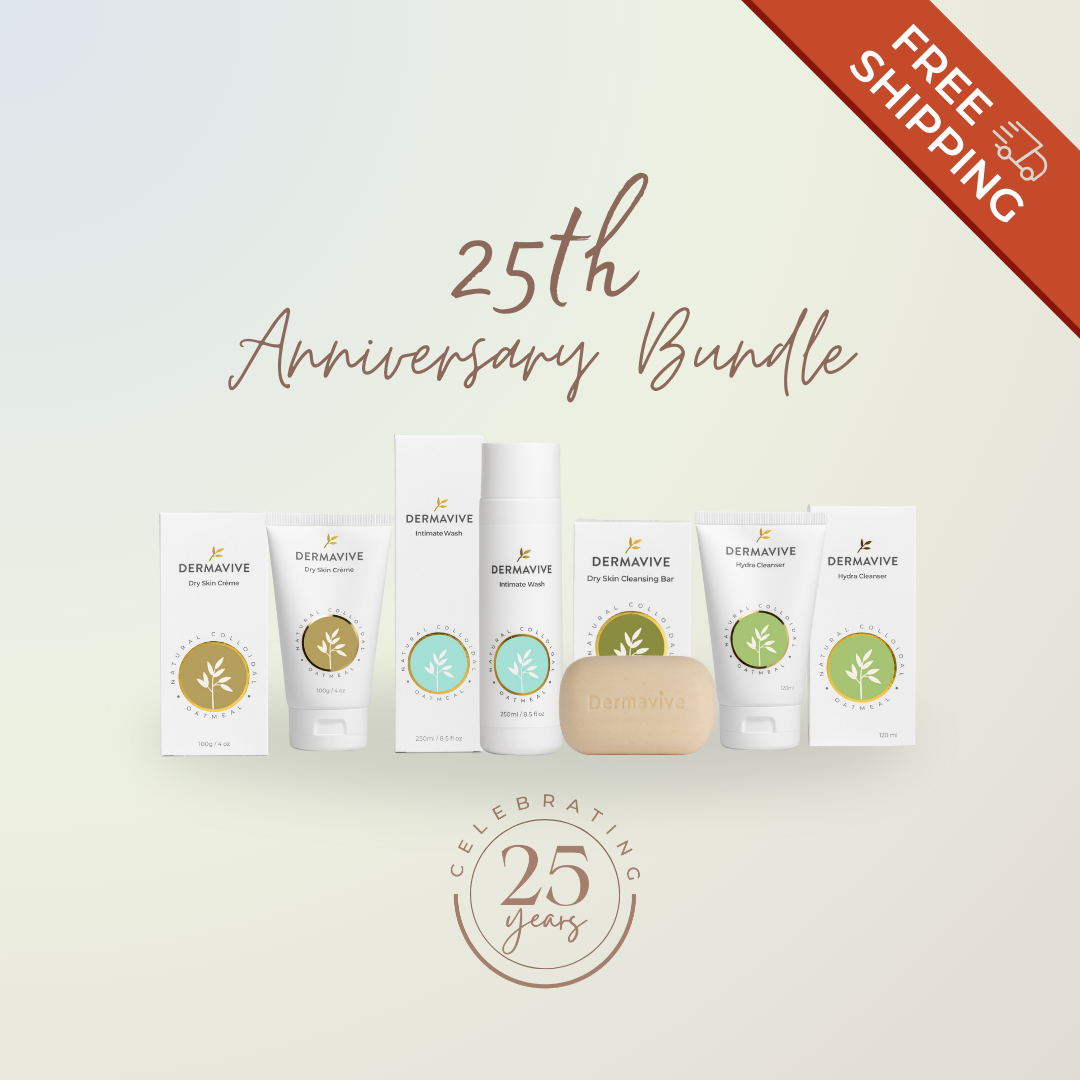 Dermavive skincare products with a silver pouch on a light background, celebrating 25th anniversary with FREE SHIPPING banner on the corner