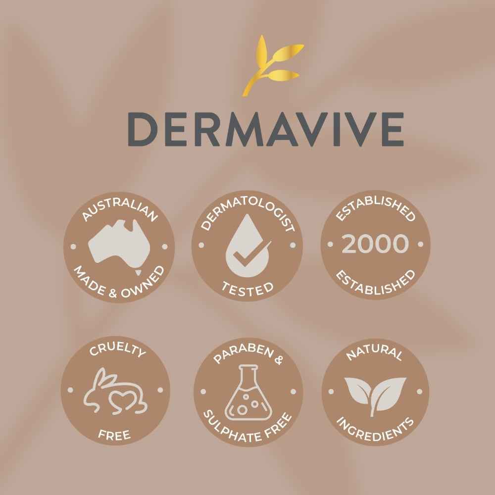 Dermavive branding with icons showcasing cruelty-free, Australian made, and natural ingredients for colloidal oatmeal moisturiser
